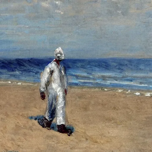 Prompt: a man in a hazmat walking on an abandoned beach, impressionist
