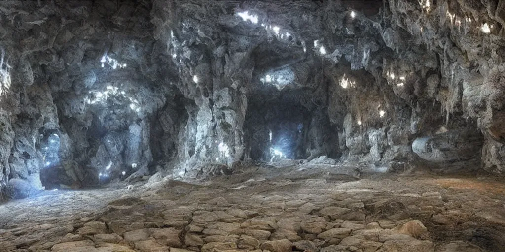 Prompt: A great underground cavern known as the hall of the mountain king. hyper realistic, lord of the rings