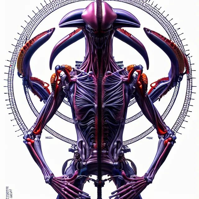 Image similar to full profile of evangelion xenomorph as circular vitruvian man by james jean and moebius, biomechanical, ultra wide angle, full body, no crop, golden ratio, ultra details, in the style of shusei nagaoka