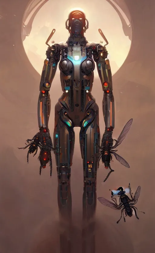 Image similar to cyborg insect, sci-fi, highly detailed, digital painting, artstation, concept art, smooth, sharp focus, illustration, art by artgerm and greg rutkowski and alphonse mucha