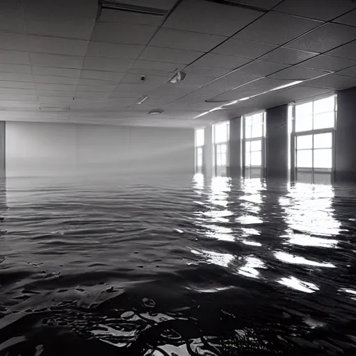 Prompt: photo of a middle school classroom, the floor is flooded with one meter deep water. eerie, volumetric lighting