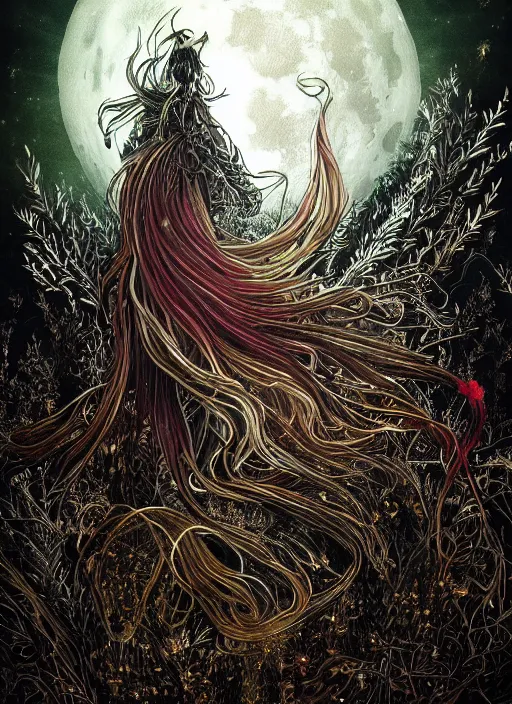 Image similar to glowing silver and golden elements, portrait, A beautiful dark witch in front of the full big moon, book cover, green forest, red white black colors, establishing shot, extremly high detail, foto realistic, cinematic lighting, pen and ink, intricate line drawings, by Yoshitaka Amano, Ruan Jia, Kentaro Miura, Artgerm, post processed, concept art, artstation, matte painting, style by eddie, raphael lacoste, alex ross