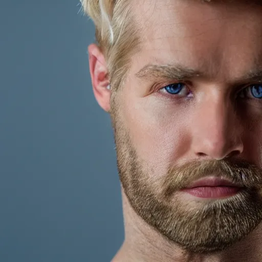 Image similar to close up of face of good looking 4 0 year old blond man with blond stubble, very short wavy blond hair in a short pompadour style, very pale skin, blue eyes, hairy shoulders, hairy chest, color portrait, 4 k