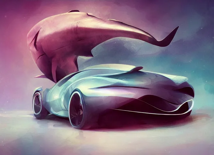 Image similar to beautiful concept design of a car that looks almost like a fish, shark or a whale. car design by cory loftis, fenghua zhong, ryohei hase, ismail inceoglu, ruan jia, henrik fisker, bruce kaiser, scott robertson, dmitry mazurkevich, doruk erdem, and jon sibal. volumetric light