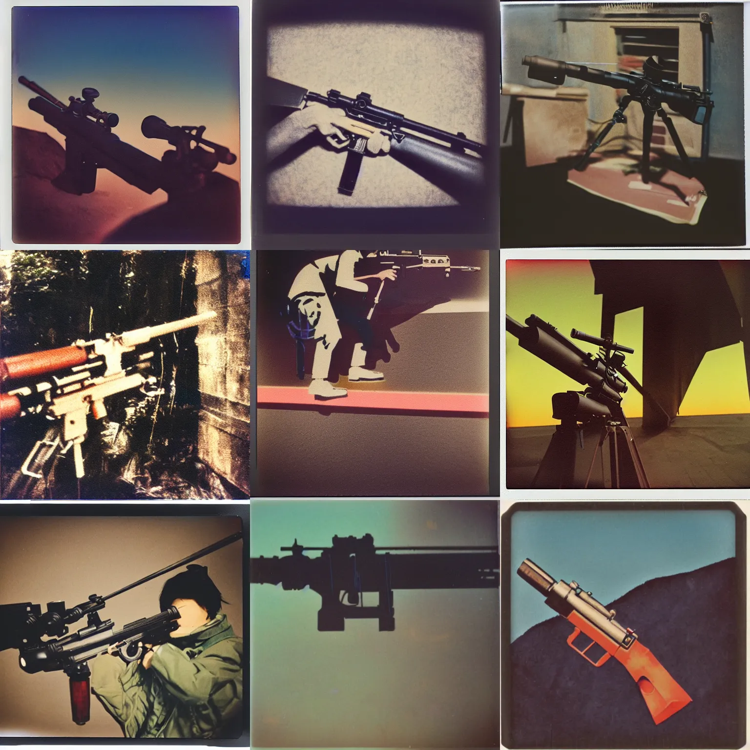 Prompt: Sniper rifle by Tadanori Yokoo, polaroid photo