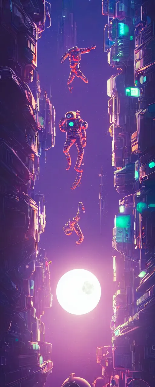 Prompt: A picture of an astronaut floating upside down in a cyberpunk surreal city with a full moon, neon lights, sharp edges, flat colors, cell shaded, by Jordan Grimmer, Jean Giraud and Neil Blevins trending on artstation