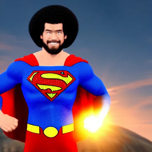 Image similar to bob ross as superman, cinematic lighting. 4 k.