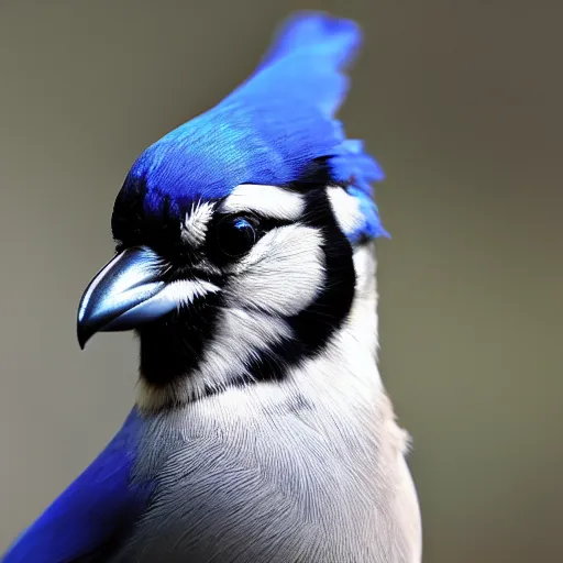 Image similar to 4 k photograph of a blue jay wearing headphones