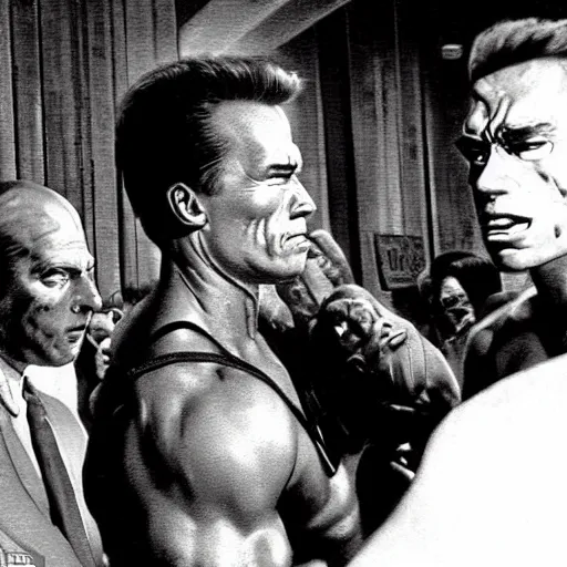 Prompt: arnold schwarzenegger as the terminator is refused entry to a nightclub by a doorman, who fears a repeat of last time, painted by norman rockwell and tom lovell and frank schoonover