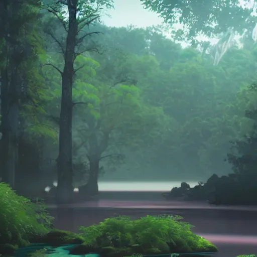 Prompt: a small river going down the forest but it is on the end of evangelion, cinematic pose, 8 k