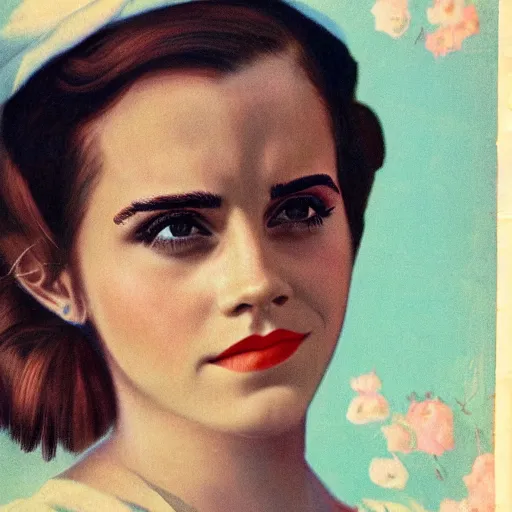 Image similar to “Emma Watson portrait, color vintage magazine illustration 1950”