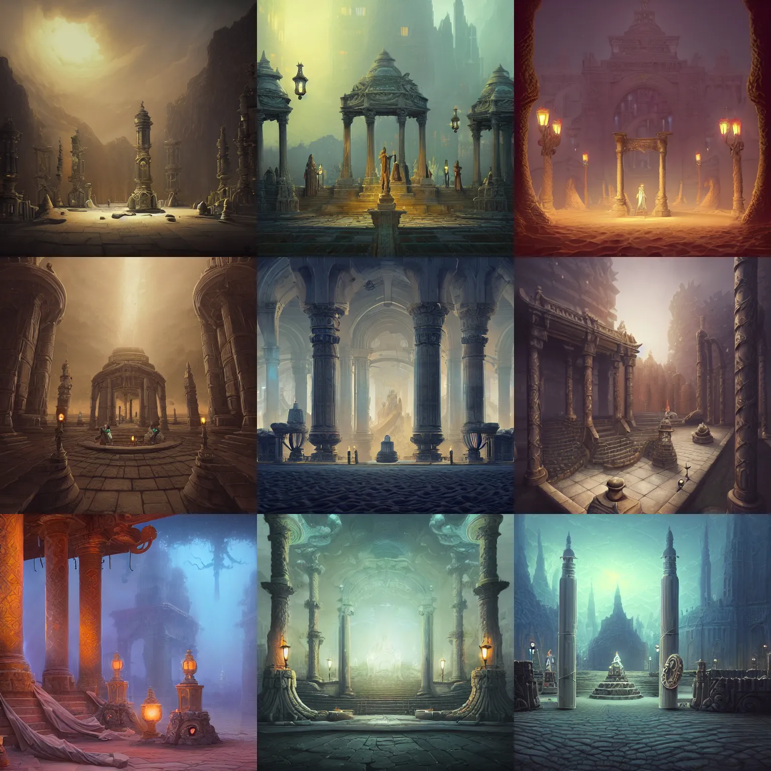 Prompt: victorian ampitheater of sand, pillars with statues on top, gaslamps, stormy, by peter mohrbacher dan mumford craig mullins nekro, cgsociety, pixiv, volumetric light, 3 d render