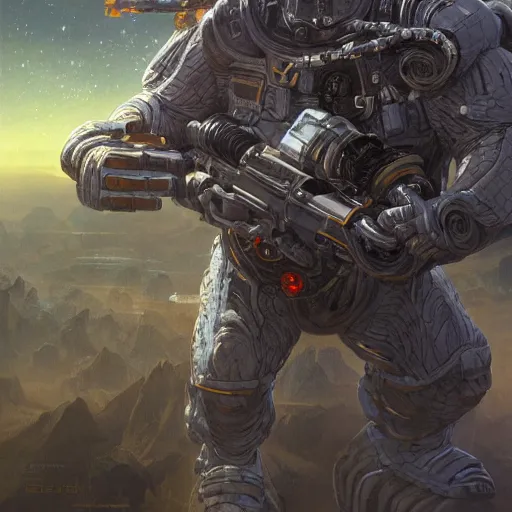 Image similar to detailed science - fiction character portrait of a silverback gorilla wearing a omnicolored armored space suit holding a space alien gun, intricate, wild, highly detailed, digital painting, artstation, concept art, smooth, sharp focus, illustration, art by artgerm and greg rutkowski and alphonse mucha