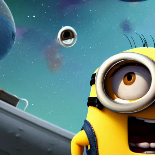 Image similar to minion in space, outside of a rocket, chasing a banana, hyperrealistic render, highly detailed, 4k, artstation