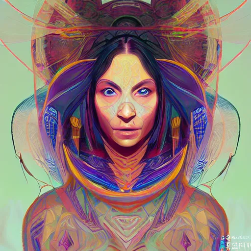 Image similar to portrait of a future metaverse Ayahuasca tech shaman warrior, 2D cartoon, visionary art, symmetric, Magick symbols, holy halo, shipibo patterns, sci-fi, concept art, trending on art station, 8k digital art, by Mandy Jurgens, fantasy portrait art, anime