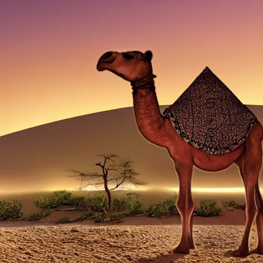 Prompt: A very serene artistic picture of a camel by an oasis in the desert, Sunset, Award winning realistic hyper realistic photo