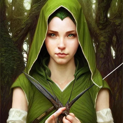 Image similar to beautiful natural cottagecore archer elf hooded longbow verdant lush, intricate, elegant, highly detailed, digital painting, artstation, concept art, smooth, sharp focus, illustration, art by artgerm and greg rutkowski and alphonse mucha and loish and wlop