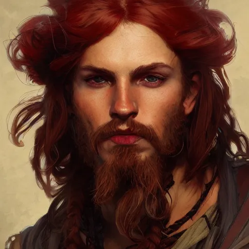 Image similar to portrait of a young rugged pirate, male, masculine, upper body, red hair, long hair, d & d, fantasy, intricate, elegant, highly detailed, digital painting, artstation, concept art, matte, sharp focus, illustration, art by artgerm and greg rutkowski and alphonse mucha