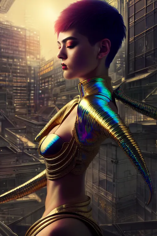 Image similar to hyperdetailed wide shot of one stunningly beautiful european girl with very short hair androgynous guard made of iridescent metals, in the cybercity inspired by ross tran and wlop and masamune shirow and kuvshinov, concept art, intricate, photorealistic, octane render, rtx, hdr, unreal engine, dnd digital art by artgerm