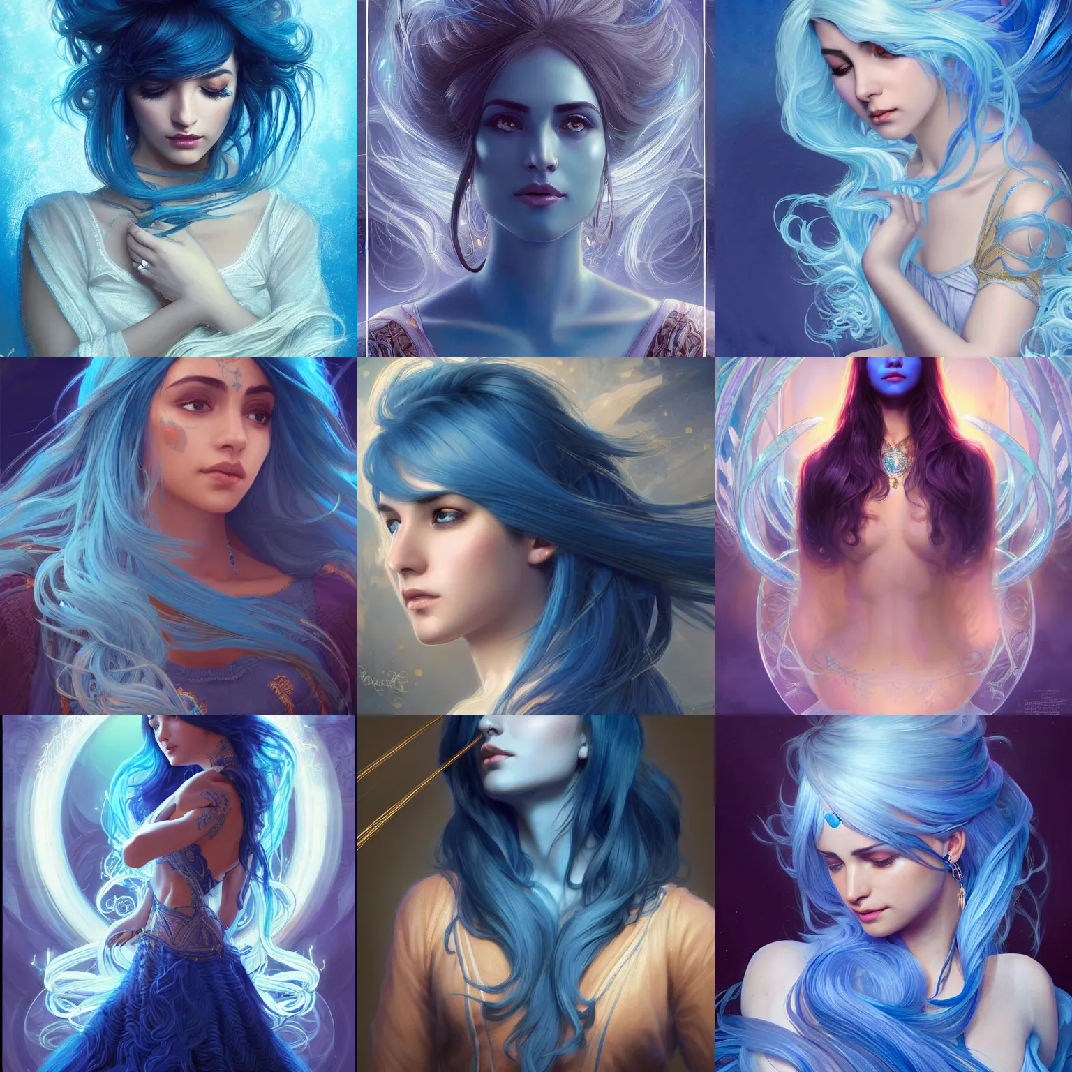 Prompt: Sona, maven of the strings, flowing blue hair, Mark Edward Fischbach, intricate, highly detailed, digital painting, artstation, concept art, smooth, sharp focus, illustration, Unreal Engine 5, 8K, art by artgerm and greg rutkowski and alphonse mucha