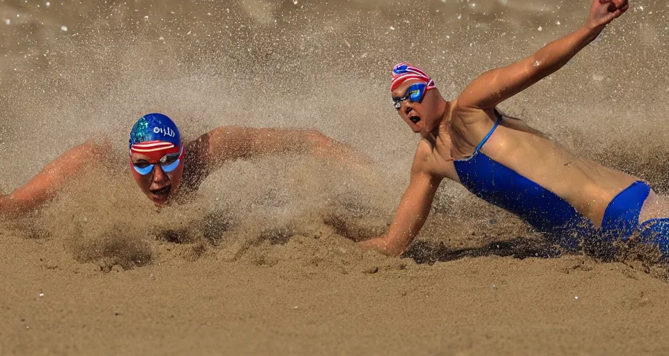 Image similar to olympic swimming in sand instead of water, extremely coherent, motion blur