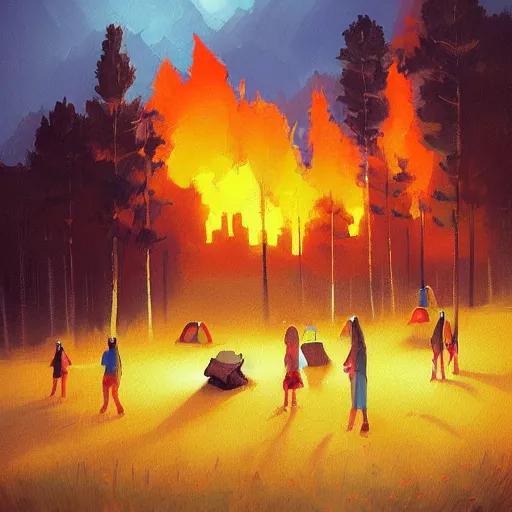 Image similar to a camp with tents on fire, burning down, shadows of girls watching the camp burn, painted by Sylvain Sarrailh