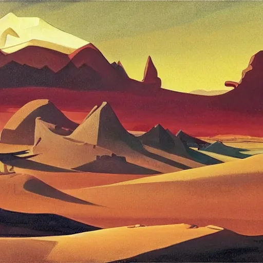 Image similar to a oil painting of a battlefield in a desertic landscape surrounded by mountain, stylised storm, by nicholas roerich, by frank frazetta by georgia o keeffe by frederick william elwell, by hans emmenegger, by eyvind earle highly detailed, realistic, outline, line work, fantasy, oriental, stylised flat colors, animation
