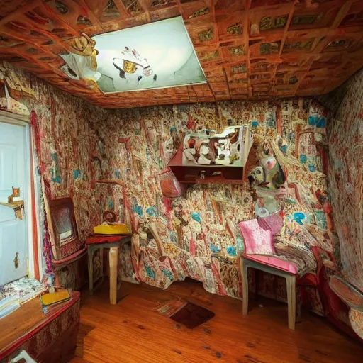 Image similar to photo of furniture upside down in a house inspired by jacek yerka, cinematic