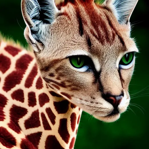 Image similar to cat giraffe hybrid, bold natural colors, national geographic photography, masterpiece, full shot, award winning, close up