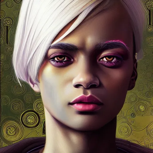 Image similar to dream portrait girl cyberpunk, dark skin, white hair, realistic shaded, fine details, cyberpunk, realistic shaded lighting by Ilya Kuvshinov and Gustav Klimt