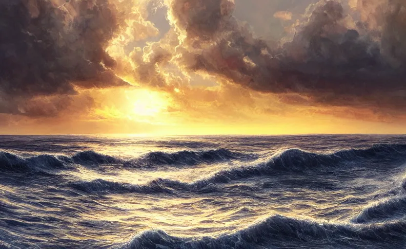 Prompt: Sun coming in the sea after a storm, beautiful landscape, digital painting, realistic, 4k, trending in ArtStation, beautiful and romantic, detailed water