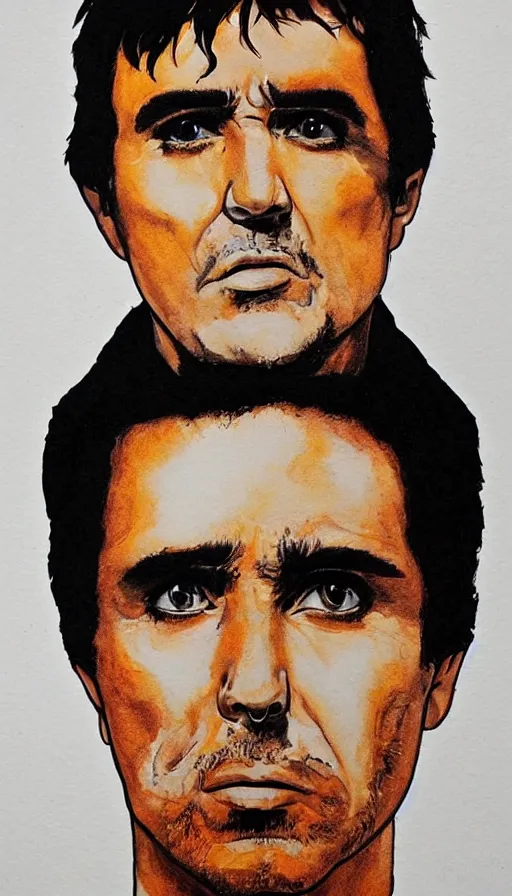 Prompt: close upt. cogerent eyes. detailed face. tony montana from movie scarface. color ink paint