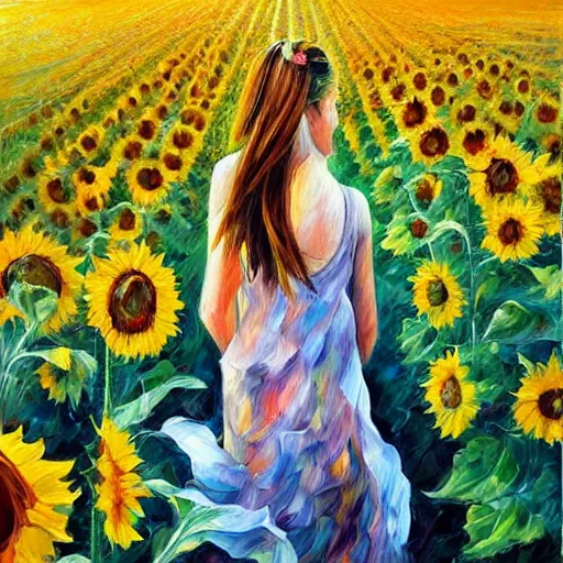 Prompt: a girl in amazing tall sunflower field, her hair flowing down, subtle, intricate details, real masterpiece, oil on canvas, by leonid afremov