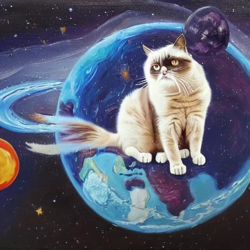 Prompt: A grumpy cat sitting on the planet earth in space, oil painting