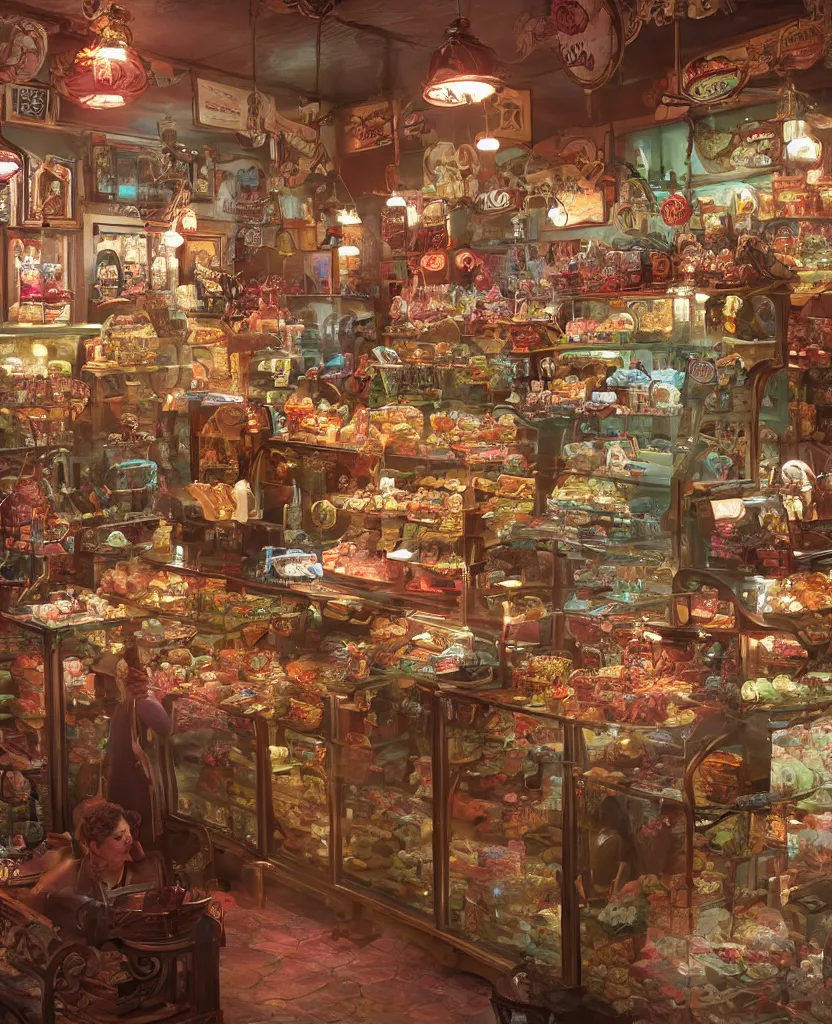 Image similar to Inside an old fashioned sweet shop, fantasy vendor interior, wide angle, cinematic shot, highly detailed, cinematic lighting , photorealistic, trending on cgsociety and unreal engine