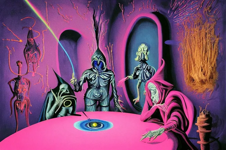 Image similar to a masterpiece painting in the laboratory of a technomancer wizard, in dazzle camouflaged robes, pointed hood, discussing sentience with his al djinn by remedios varo and anato finnstark and greg rutkowski and andy warhol and francis picabia. dayglo pink and blue, prismatic, pearlescent, raven black, glowing, hyperrealism, trending on artstation
