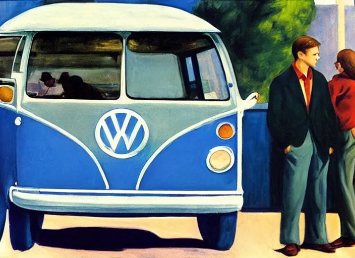 Prompt: painting, two young men and women in front of blue vw bus, by edward hopper, bernardo bertolucci dreamers movie scene