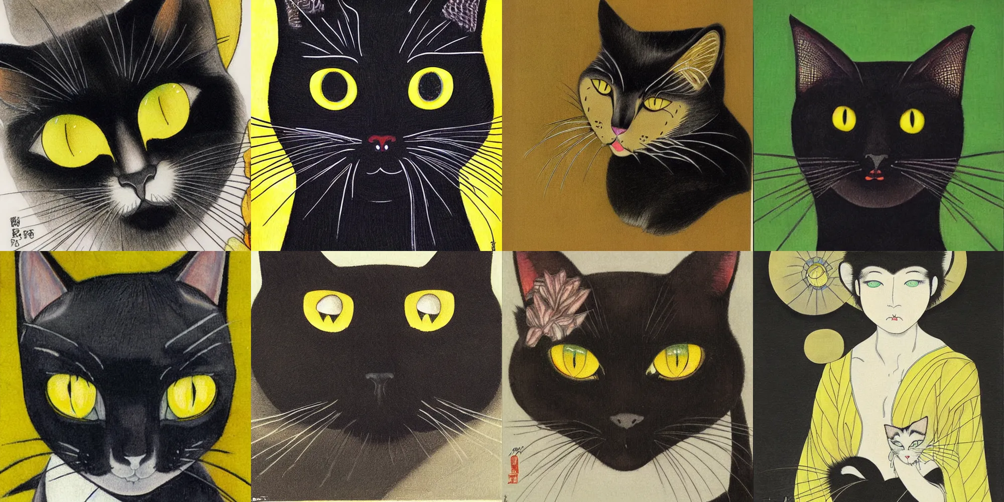 Prompt: a black cat with yellow eyes by tsuguharu foujita, detailed, sharp, high quality, classic art