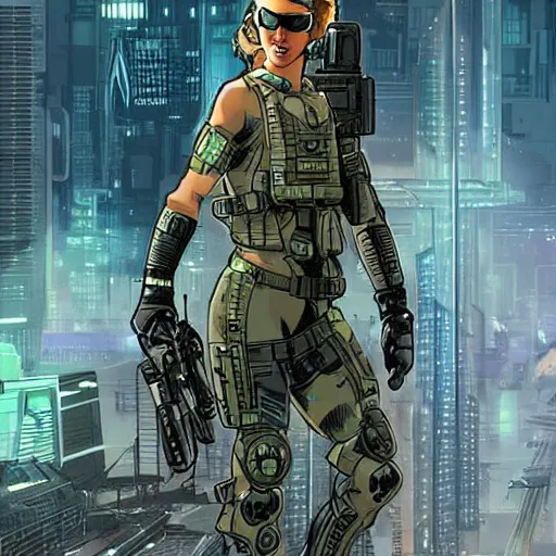 Image similar to Selina. USN special forces futuristic recon operator, cyberpunk headset, on patrol in the Australian autonomous zone, deserted city skyline. 2087. Concept art by James Gurney and Alphonso Mucha