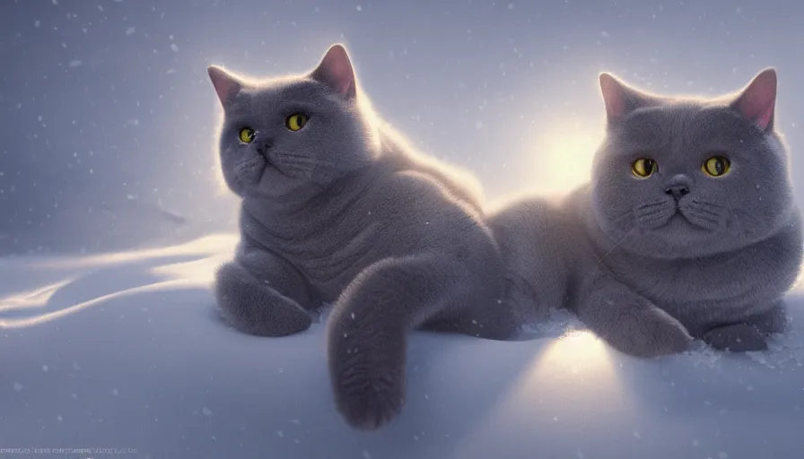 Image similar to british shorthair cat in the snow covered by snow, sunlight, volumetric light, hyperdetailed, artstation, cgsociety, 8 k