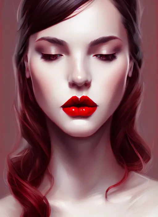 Image similar to portrait of female, red lips, dark hair, intricate, elegant, highly detailed, digital painting, artstation, concept art, smooth, sharp focus, illustration