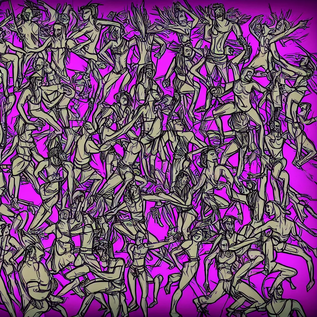 Image similar to a wooden Slavic totem of Piorun god surrounded by dancing people. Synthwave style digital art picture