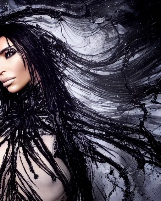 Image similar to epic full - ov - shot still of kim kardashian unconscious wearing a black lace dress in a transparent alien liquid, wet flowing hair, gooey skin, illustration, unreal engine 5, 8 k, made by h. r. giger.