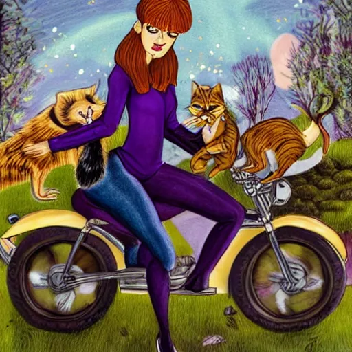 Prompt: a highly detailed drawing by s. gahan wilson of a slender beautiful woman with straight ginger hair and bangs, wearing purple leathers and gold helmet, posing with large ginger tabby and raccoon on a motorcycle in front yard, holding toasted brioche bun, dramatic lighting