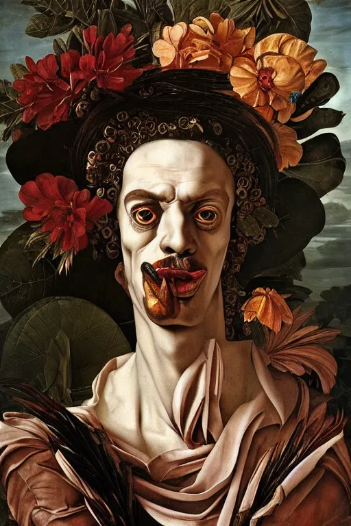 Image similar to Detailed maximalist portrait a Greek god with large lips and with large white eyes, exasperated expression, fleshy skeletal, botany, HD mixed media 3d collage, highly detailed and intricate, surreal illustration in the style of Caravaggio, dark art, baroque