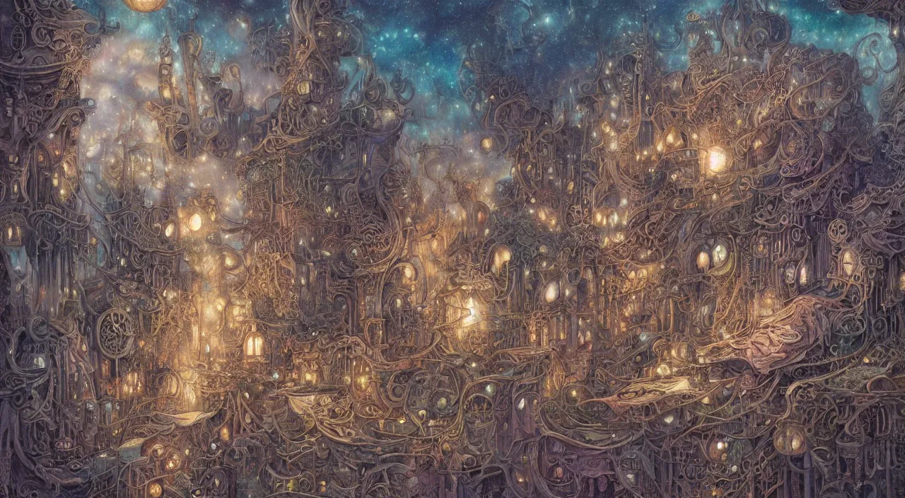 Image similar to pastel colours, don bluth, richard dadd, smooth paper with detailed line work, Mandelbulb, Exquisite detail perfect symmetrical, silver details, hyper detailed, intricate ink illustration, steampunk, smoke, neon lights, starry sky, steampunk city, liquid polished metal, by jesper ejsing