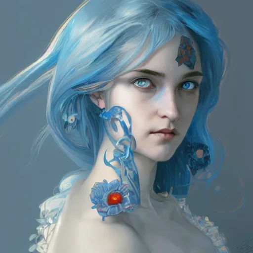 Prompt: a girl with blue hair and red eyes, D&D, fantasy, intricate, elegant, highly detailed, digital painting, artstation, concept art, smooth, sharp focus, illustration, art by artgerm and greg rutkowski and alphonse mucha