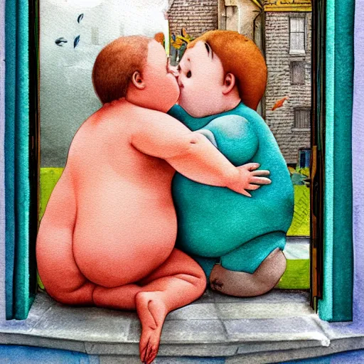 Image similar to a beautiful art. the most cute little fat girl is kissing a huge colorful cute fish. modern etching. colored print. hype realistic scene. old photography style. studio lighting. window. 3 d, octane render, deep focus, fashion style, white scene. very funny and sweet art. unreal engine. watercolor. fellini style. poster quality. da vinci painting