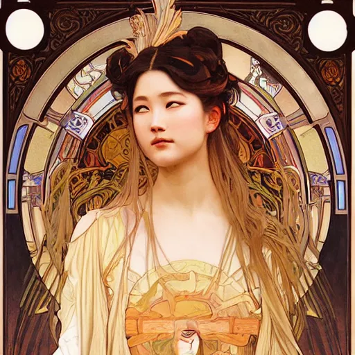 Prompt: breathtaking detailed concept art nouveau painting of attractive Ashley Liao as the goddess of the sun, with anxious, piercing eyes, by Alphonse Mucha, Michael Whelan, William Adolphe Bouguereau, John Williams Waterhouse, and Donato Giancola, extremely moody lighting, 8K