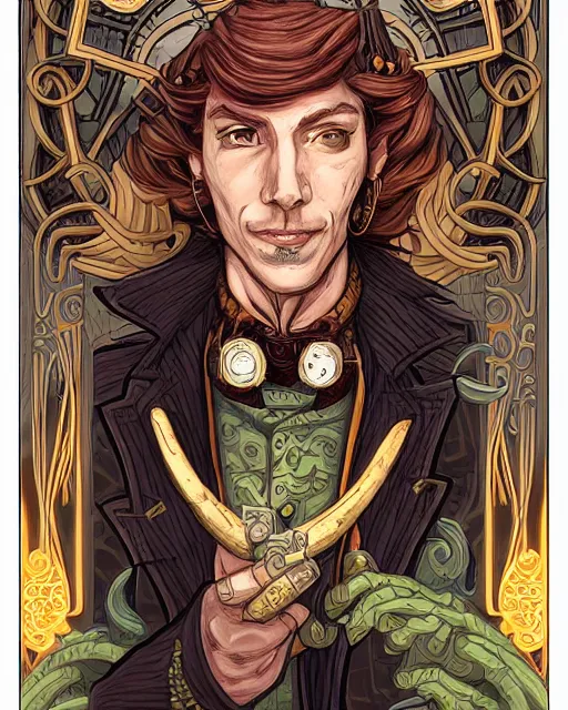 Prompt: a detailed portrait illustration of a steampunk tech - sorcerer. handsome male face, ginger. art nouveau, pop art, comic book style. influenced by neil gaiman, h. p. lovecraft, dan mumford, brian froud, heade, killian eng, ross tran.